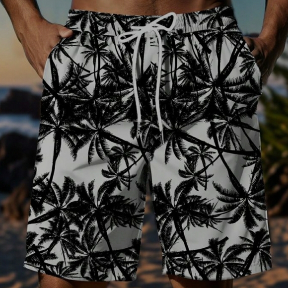 3pcs Set. White 'Vacay Mode' Tank Top with Palm Tree Print Shorts plus Hat - Picture 3 of 6